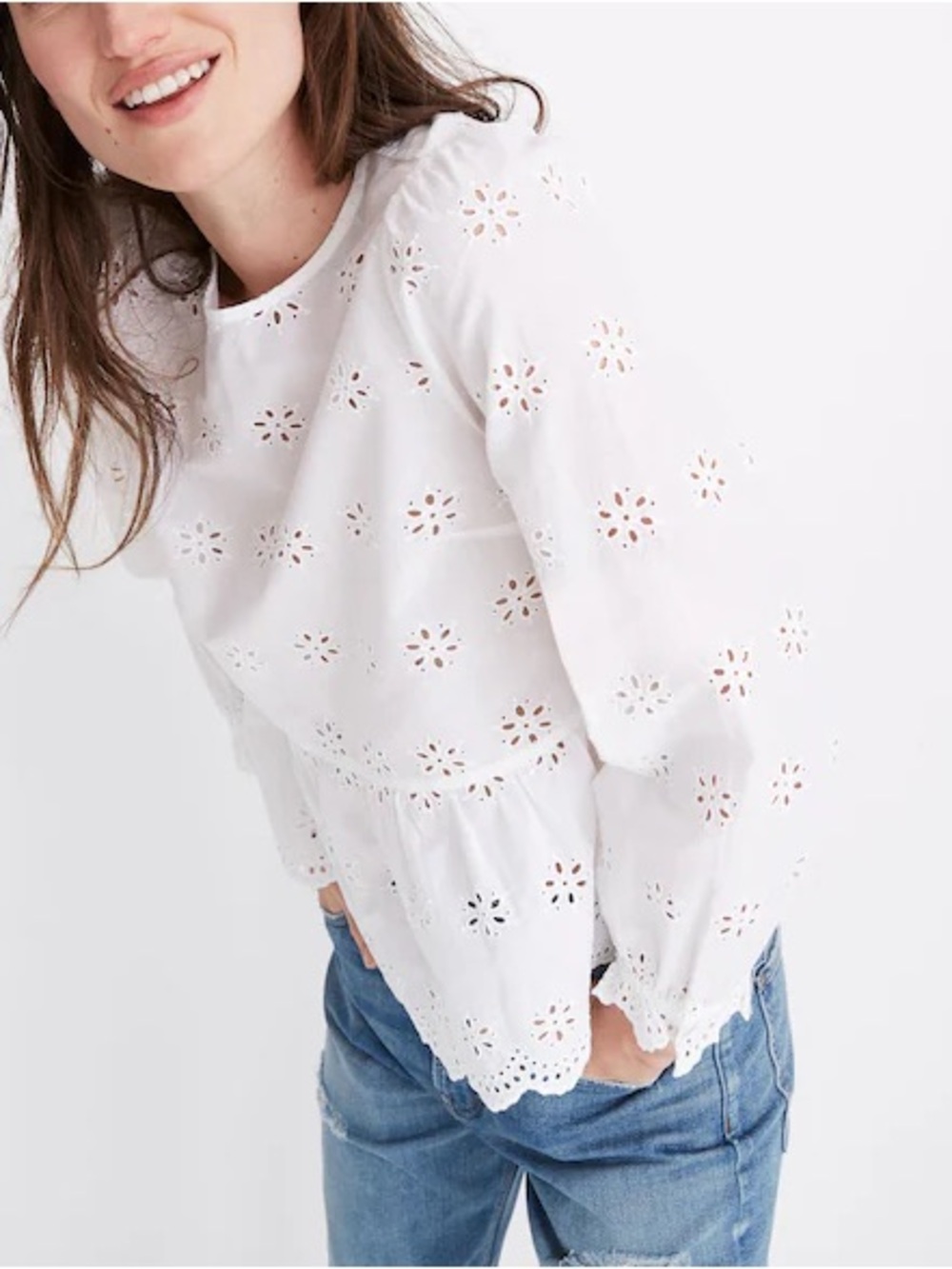 Madewell White Eyelet keyhole Peplum Top - Picture 3 of 9